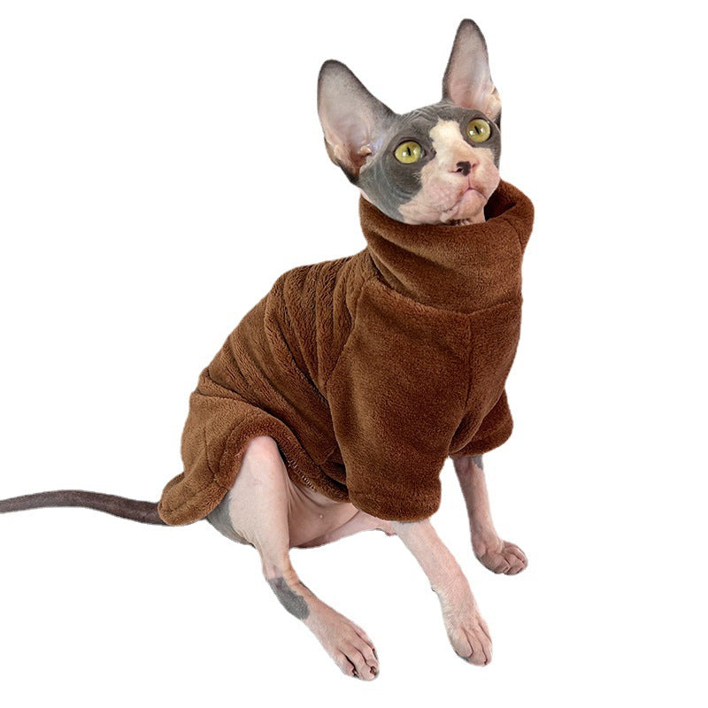 Hairless cat in a plush mink velvet cat sweater with a fold down collar