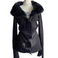Black ribbed knit cardigan with plush collar on a mannequin against a plain white background