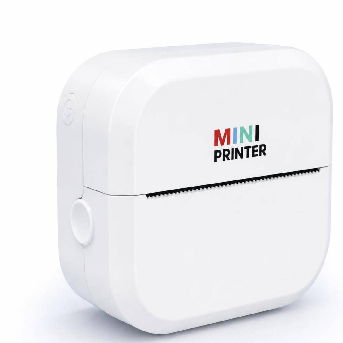 White mini thermal printer shown with printed labels and note strips on a table