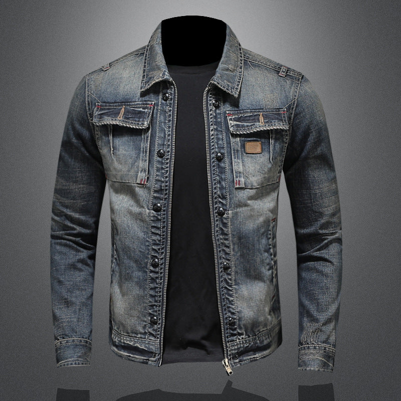 Full-length view of the blue men's trucker jacket for scale reference