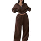 Brown cropped half-zip sweatshirt and wide-leg sweatpants set on a model, size XXL option