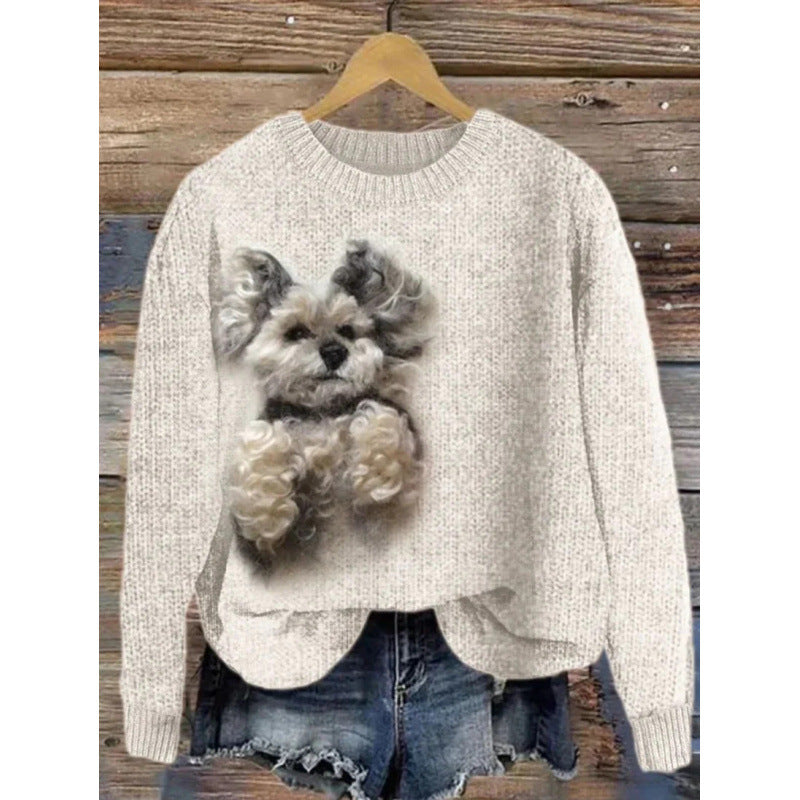Cream womens 3D print knit look pullover top with a terrier motif, product photo