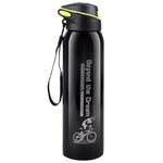 Black insulated stainless steel sports bottle with flip lid, black carry strap and printed cyclist graphic on white