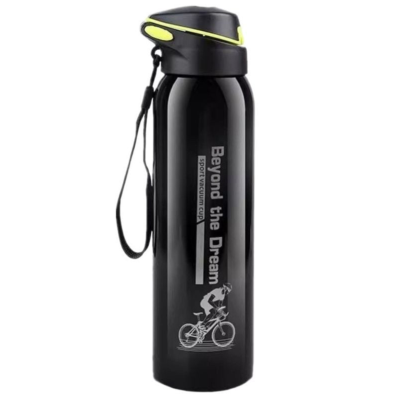 Black insulated stainless steel sports bottle with flip lid, black carry strap and printed cyclist graphic on white