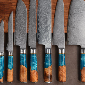 Damascus Steel Kitchen Knives with Blue Resin Handle