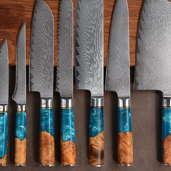 Damascus Steel Kitchen Knives with Blue Resin Handle