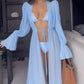 Sheer light blue chiffon robe tied at the waist, open panels falling straight to the ruffled hem