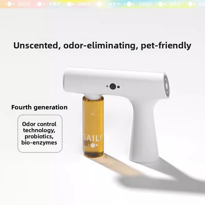 White atomizer gun with an amber deodorizing bottle and printed notes on probiotics and bio enzymes