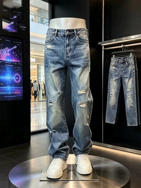 Mens Straight Leg Ripped Denim Jeans
