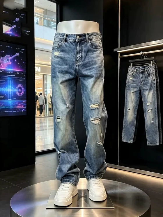 Mens Straight Leg Ripped Denim Jeans