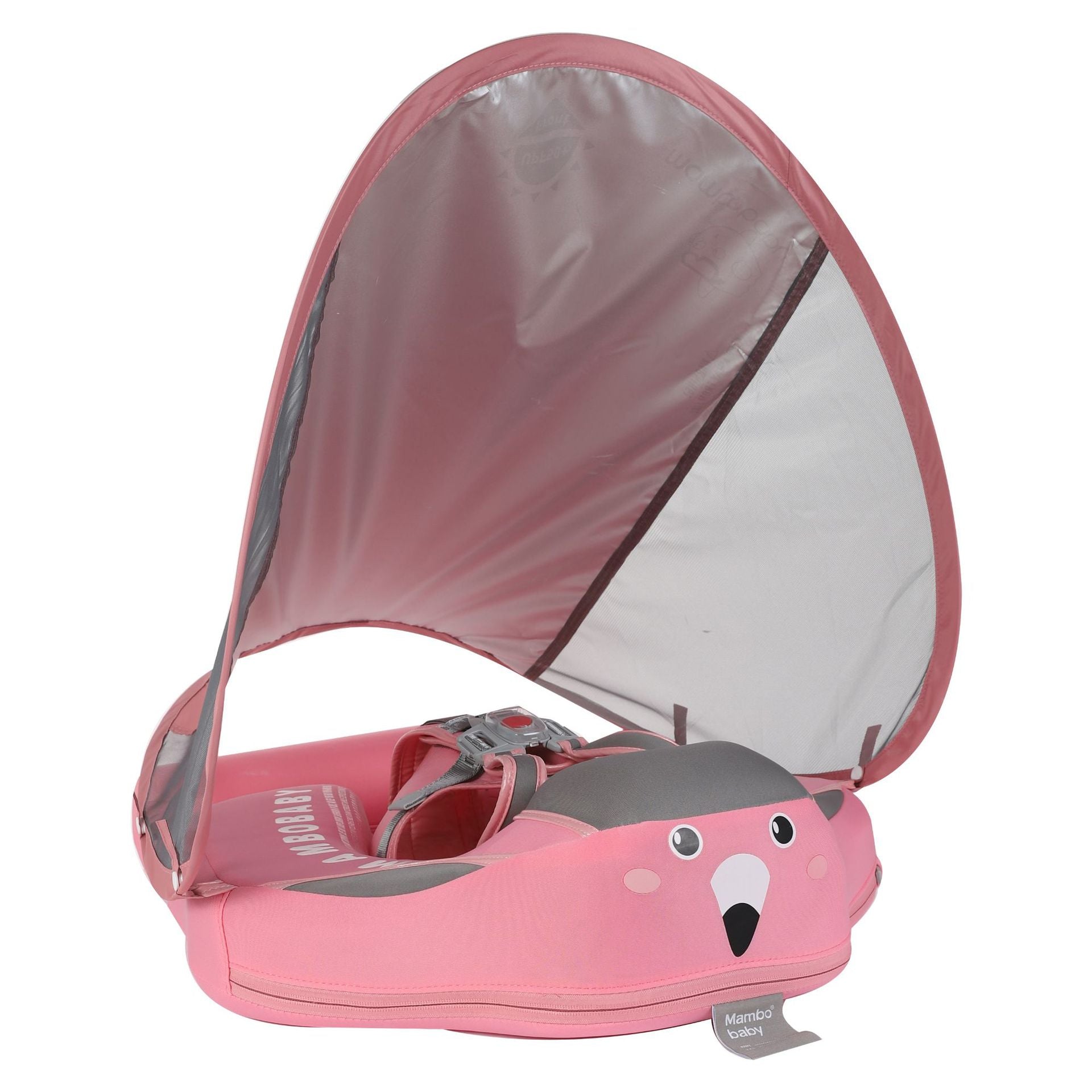 Pink flamingo baby swim float on white with the canopy raised and the seat panel visible