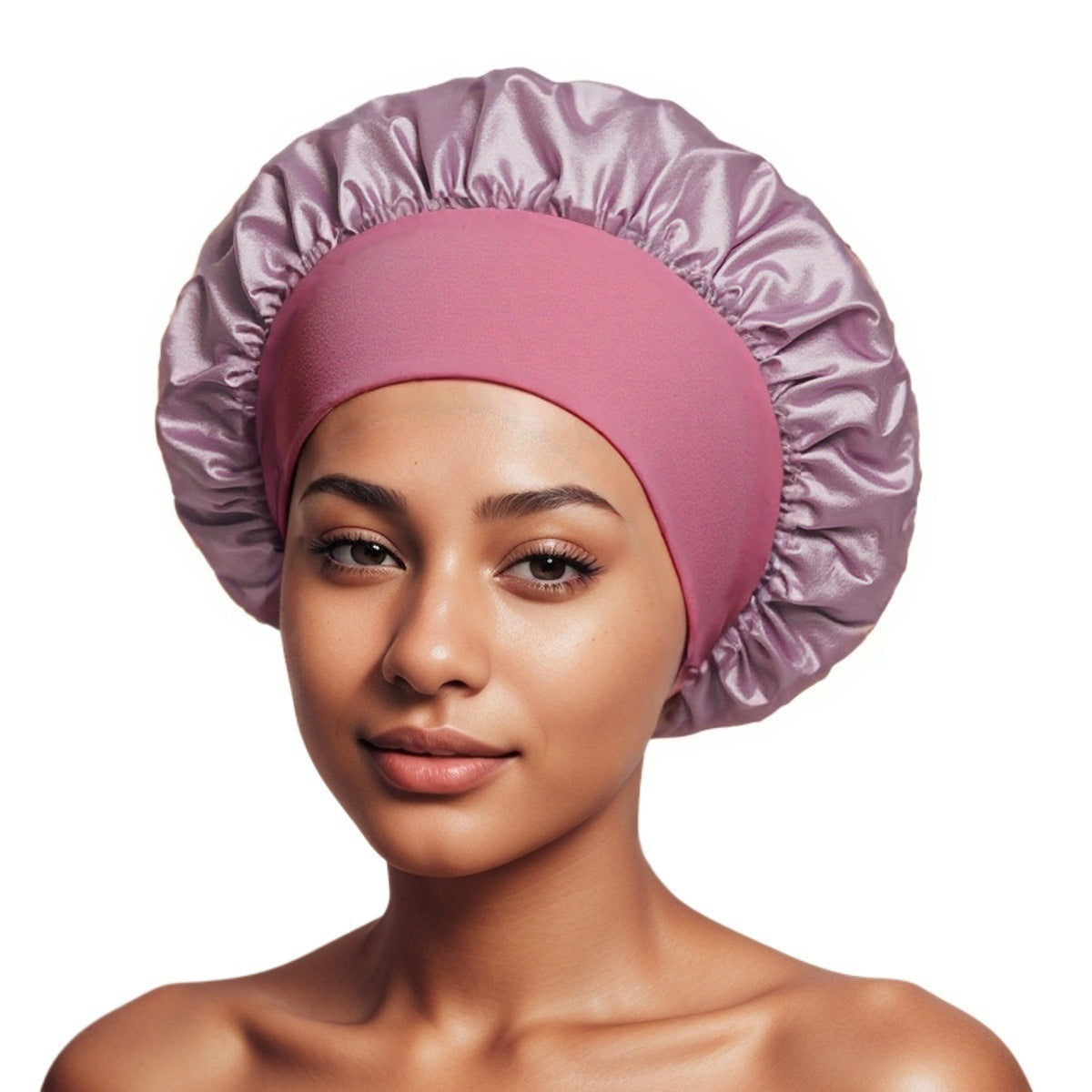 Dusty Mauve satin sleep bonnet with ruffled crown and wide elastic band, 32 cm diameter