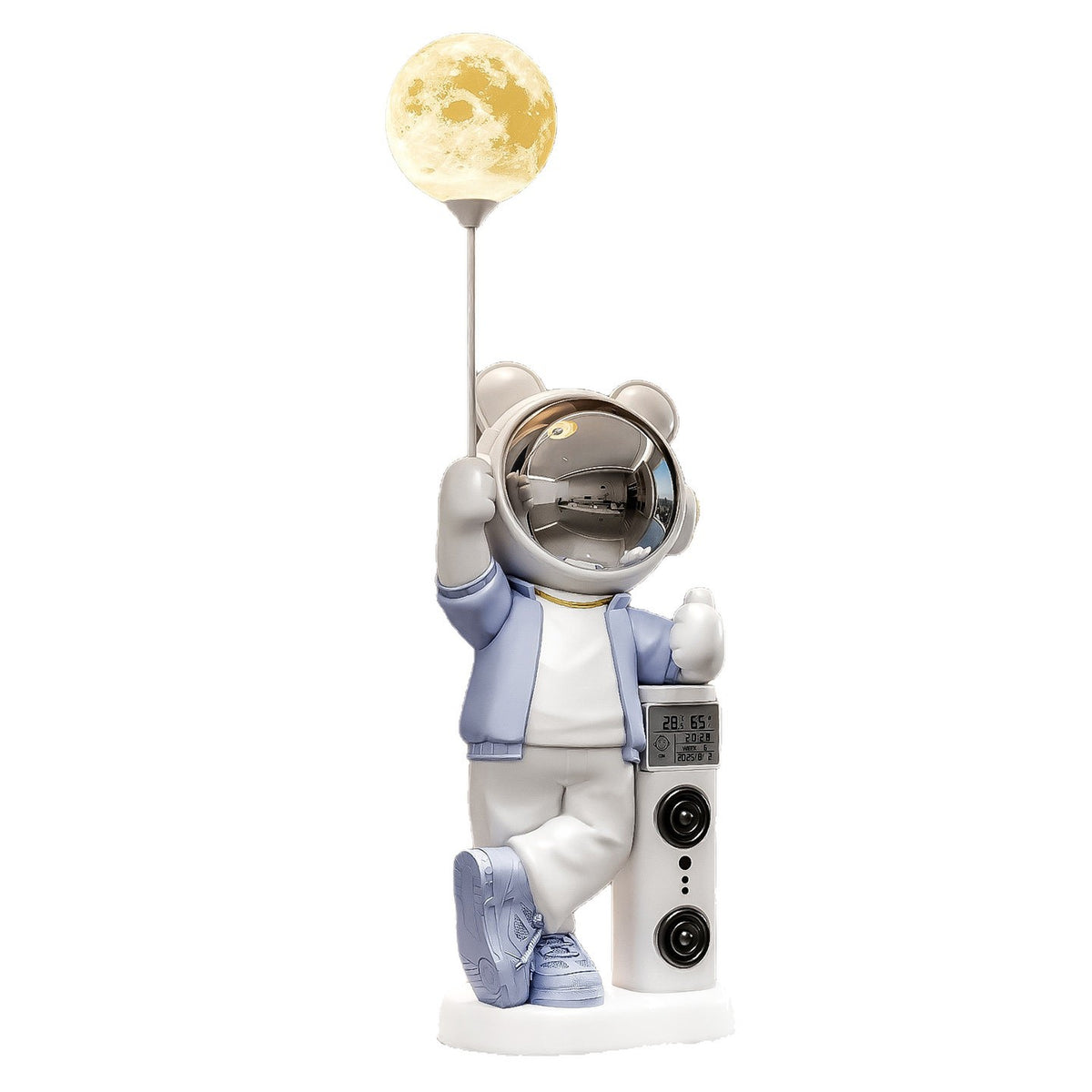 Gray and white astronaut bear statue holding a glowing moon lamp on a stick, white background