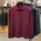Wine Red long sleeve knit polo shirt with three button placket and ribbed hem, size M