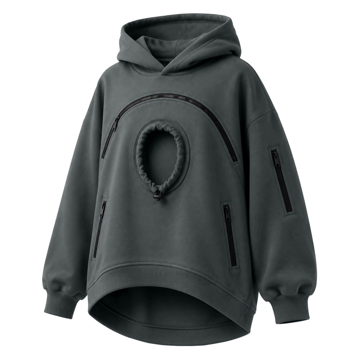 Dark gray oversized fleece hoodie with round cat pocket and arched zipper, first dark gray option photo