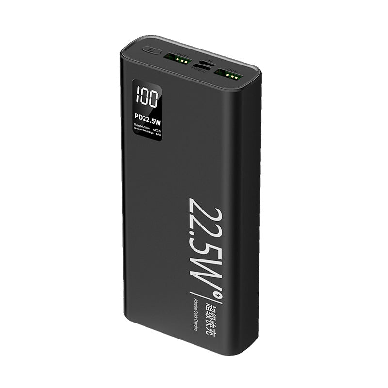 Black power bank marked 22.5W showing the port row and power button on top