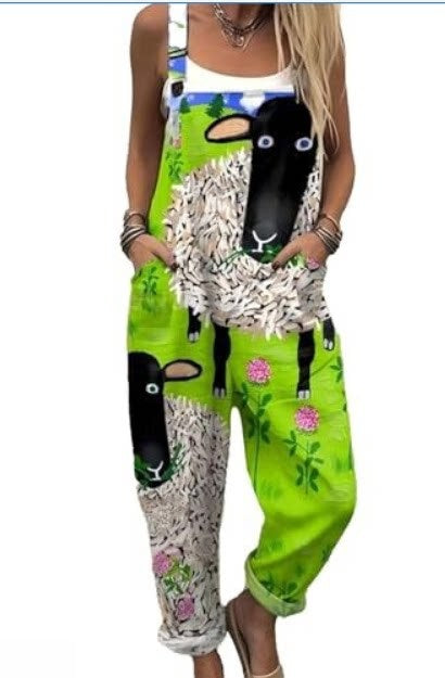 Lime green sheep print patchwork bib overalls with side pockets, option photo for size 5XL