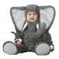 Baby in a grey elephant costume with large ears, a trunk and tusks, Grey Elephant option, 100cm size