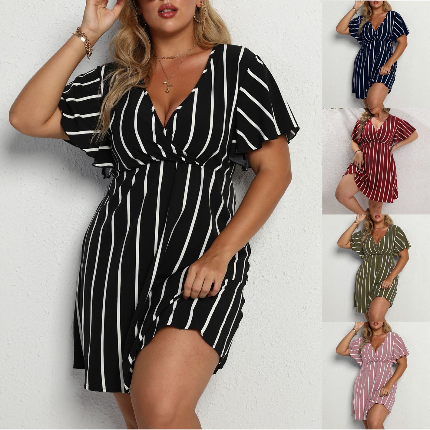 Black and white striped surplice mini dress on a model beside the five colour option panel