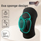 Black knee pad with a teal outlined five part EVA sponge shell, with breathable and shock absorbing icons beside it