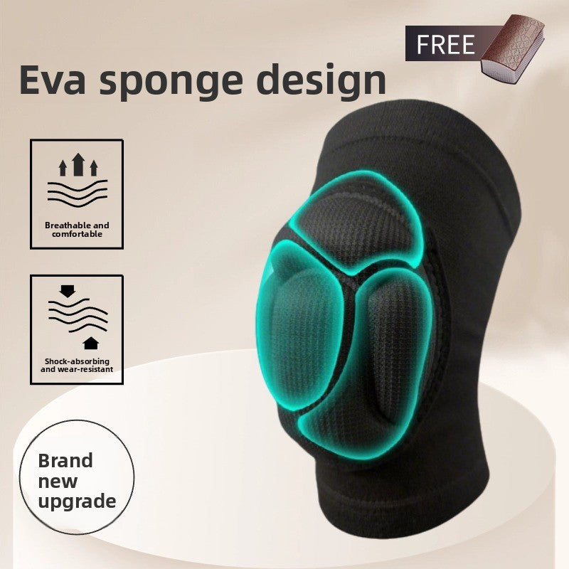 Black knee pad with a teal outlined five part EVA sponge shell, with breathable and shock absorbing icons beside it