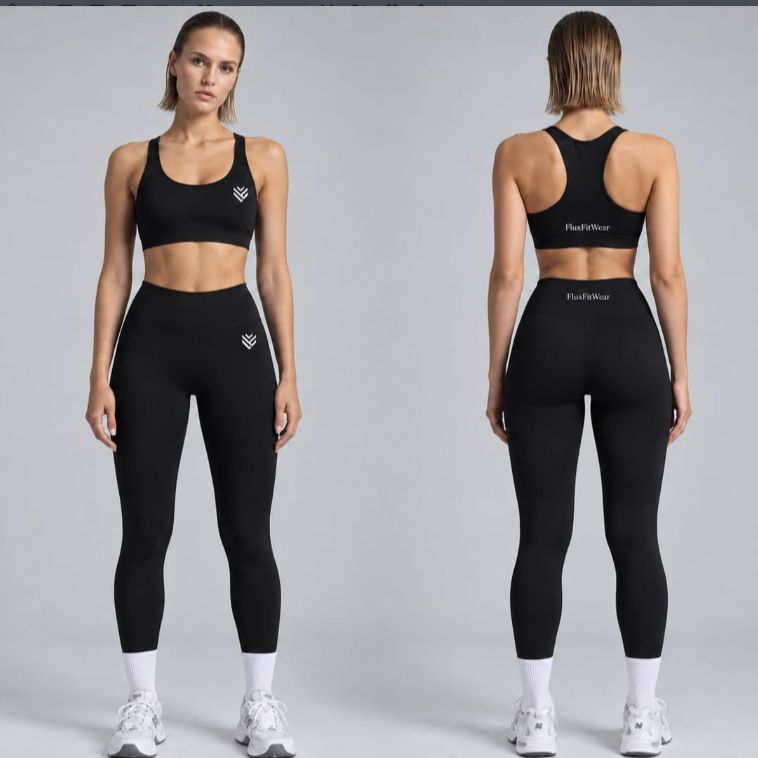 Woman in black sports bra and black high waist leggings, front and back, M variant photo