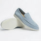 Sky blue suede slip-on loafer with a rounded toe and a thick pale sole, size 45 option