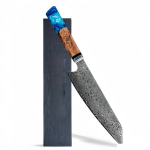 VG10 Damascus chef knife with wavy steel pattern and resin wood handle