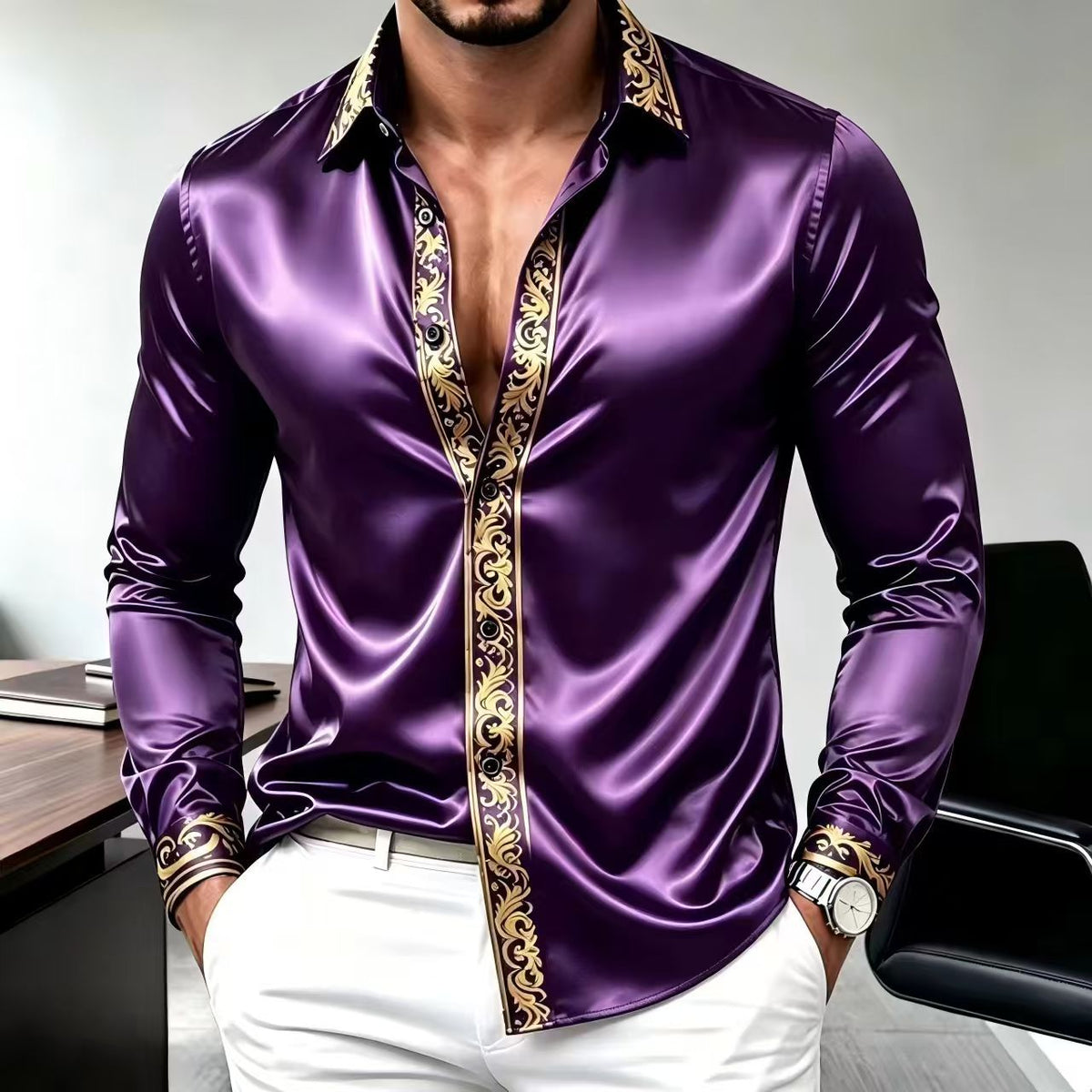 Purple satin long sleeve shirt with a gold ornamental band on the placket and cuffs, Purple XXXL option