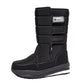 Winter snow boot with velcro front straps and a chunky lugged rubber sole, side view
