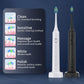 White and black sonic electric toothbrushes on their charging bases beside a list of five brushing modes