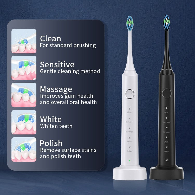 White and black sonic electric toothbrushes on their charging bases beside a list of five brushing modes