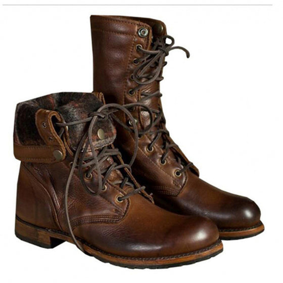 Womens Black Mid-Calf and Brown Ankle Lace-Up Boots with Low Stacked Heel
