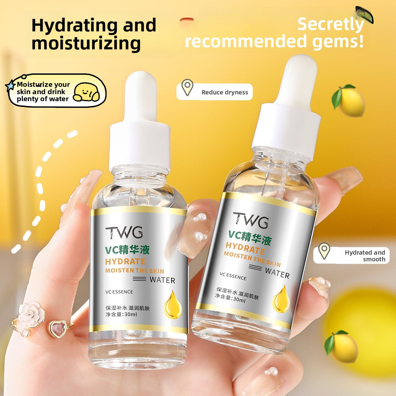 Two clear TWG VC essence dropper bottles held in a hand against a yellow background