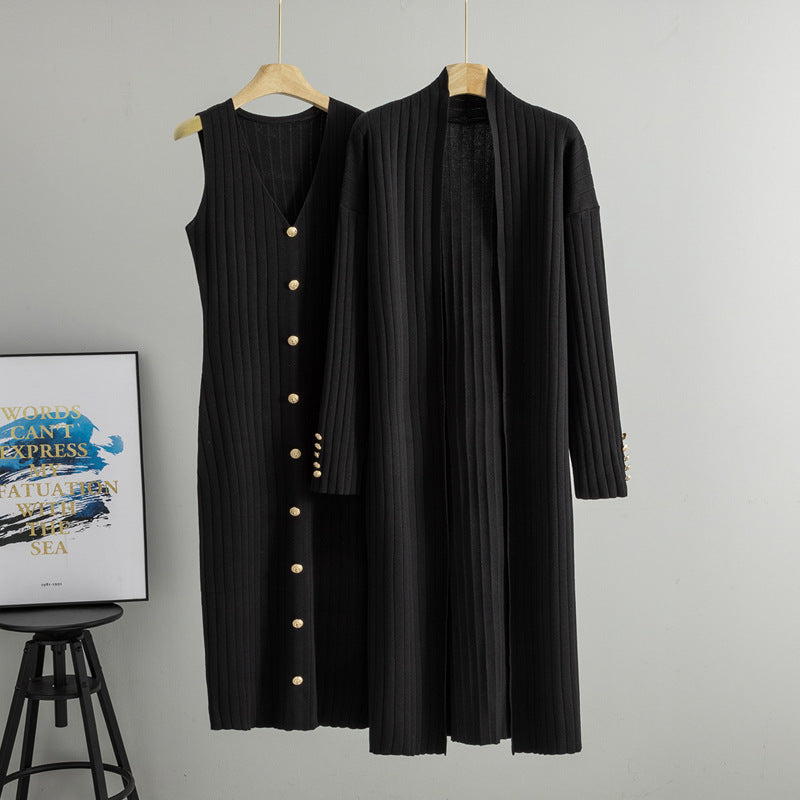 Black ribbed knit set, a sleeveless V neck button front dress and a long open cardigan on hangers