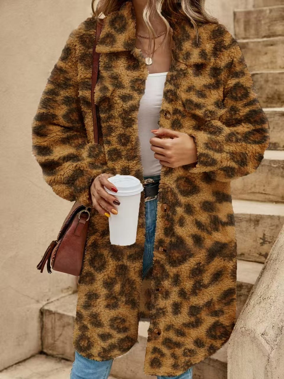 Womens plush fleece button front long coat in khaki, teddy fleece pile close up