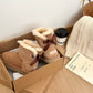 Chestnut ankle boots with shearling cuffs and brown ribbon bows in a box, Chestnut Thin Sole option, size 37