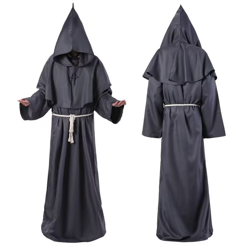 Gray hooded monk robe with shoulder cape, front and back views, size XXL