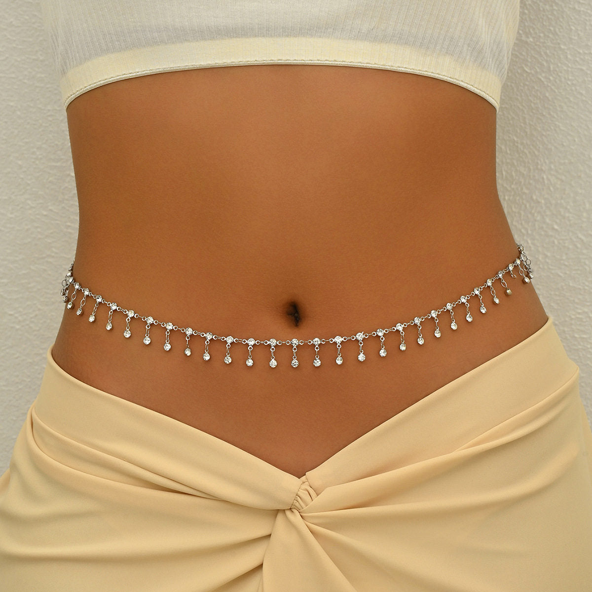 Waist body chain from this range shown worn low on the waist, one of several designs
