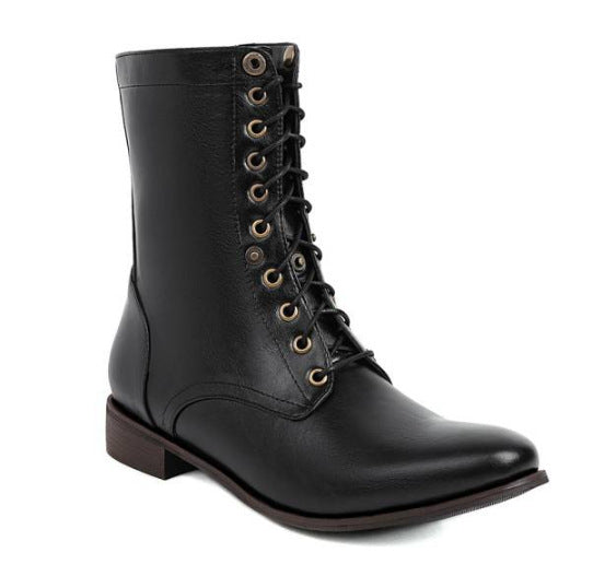Black mid-calf lace-up boot with brass eyelets and low stacked heel, EU 38 option