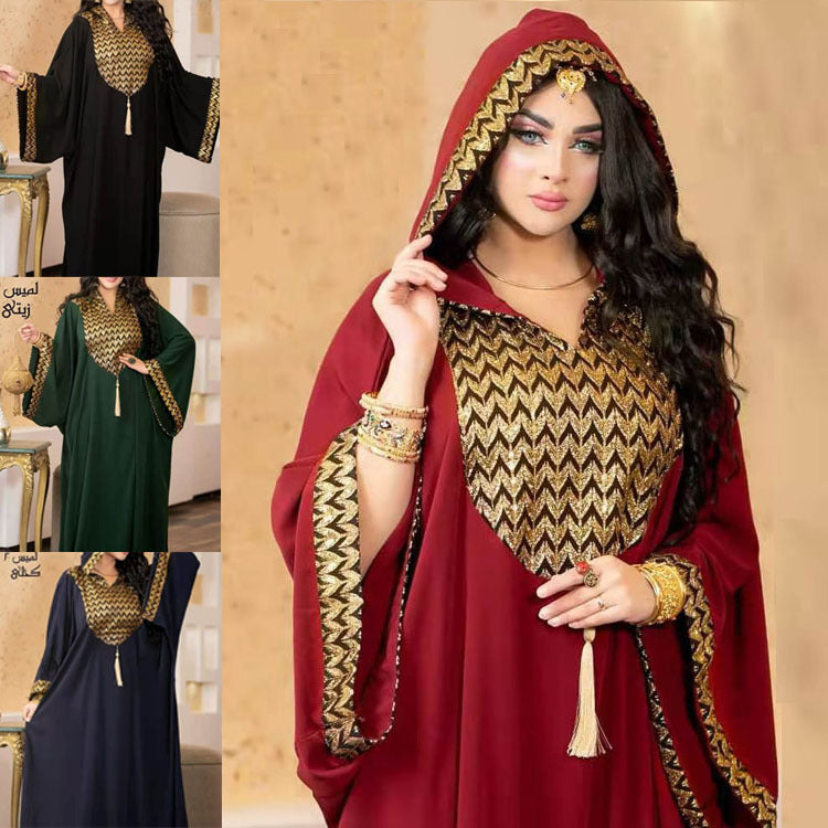 Chiffon kaftan maxi dress with gold sequin chevron yoke, batwing sleeves and beaded tassel