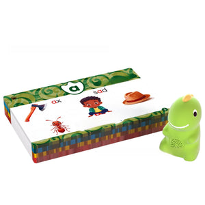 Phonics flash card showing letter a with ax, ant and hat beside the green reader pen