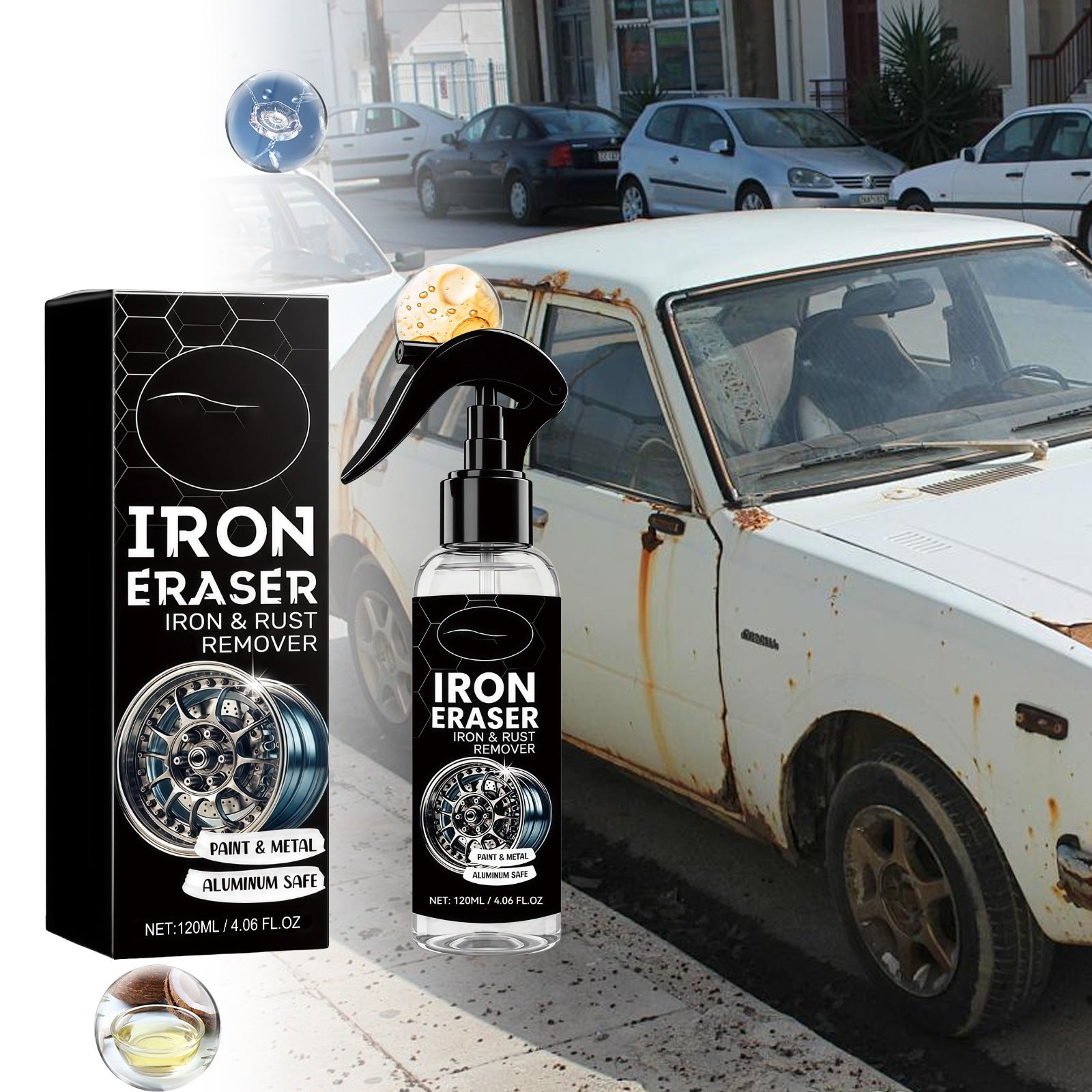 Iron Eraser 120 ml trigger spray and its black carton beside a rusted white saloon car