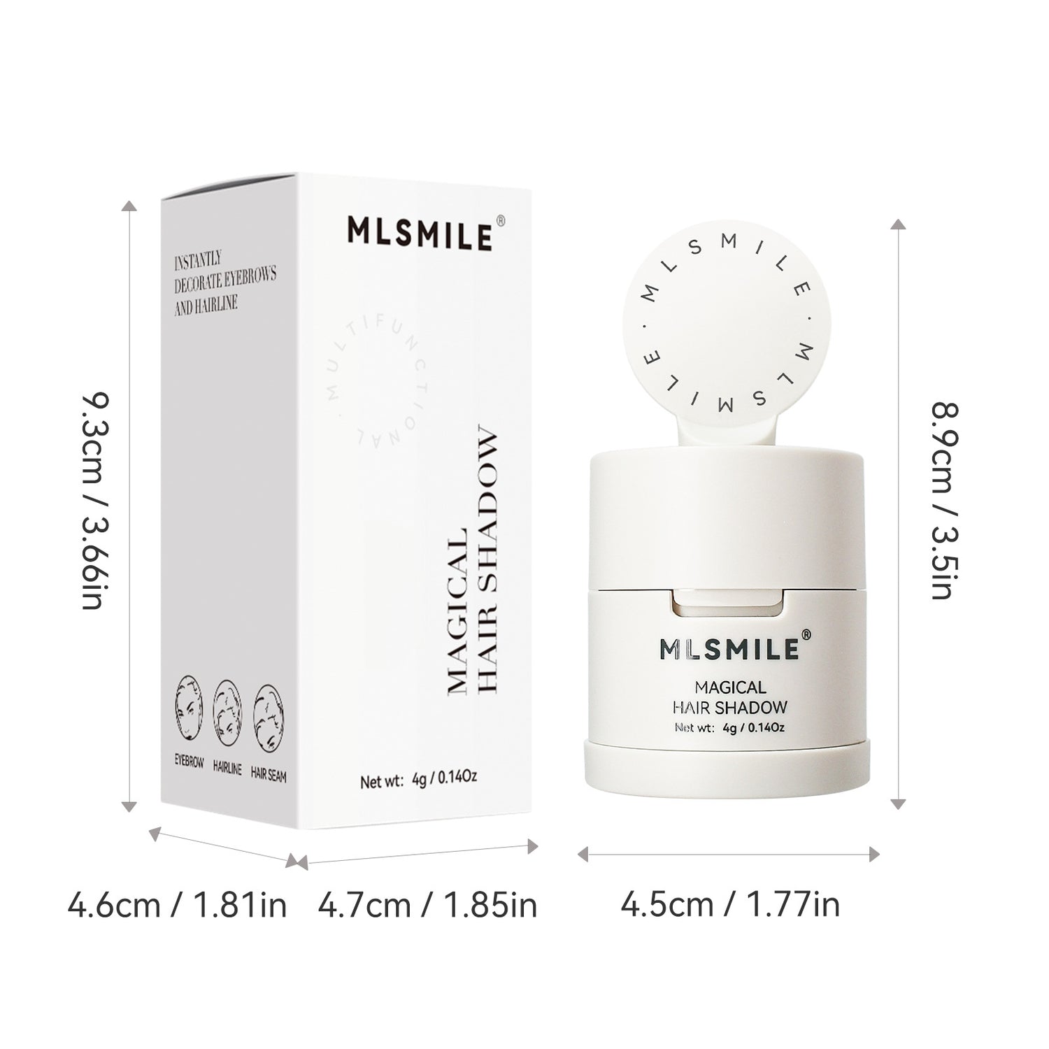 Hairline shadow powder compact and box shown with size markings and a round powder puff