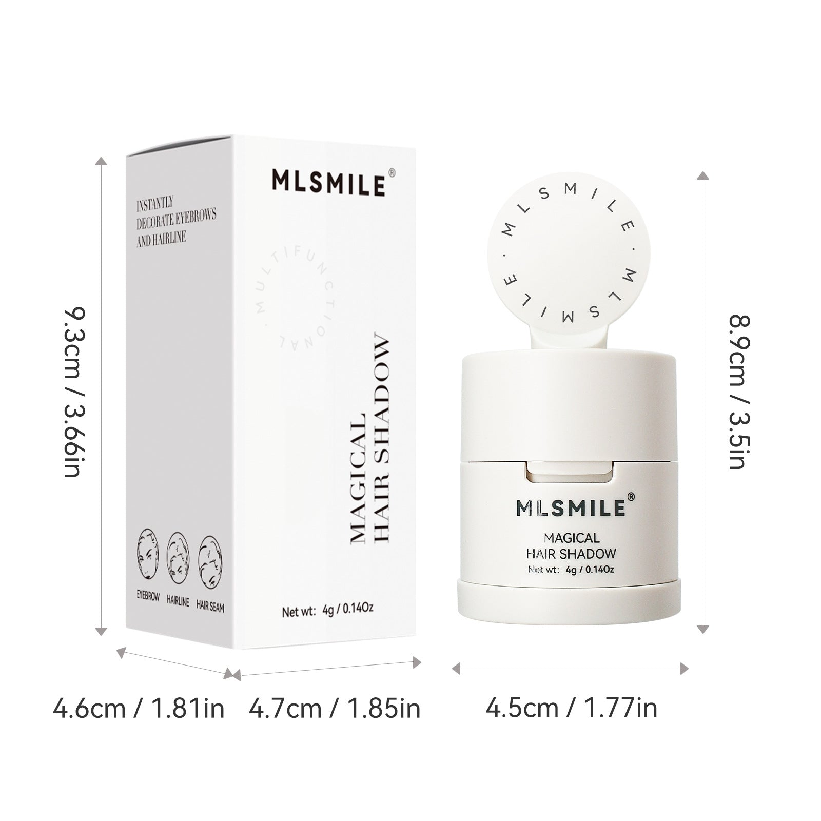 Hairline shadow powder compact and box shown with size markings and a round powder puff