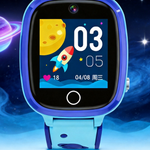 Blue children's smart watch showing a rocket and moon watch face against a purple planet space background
