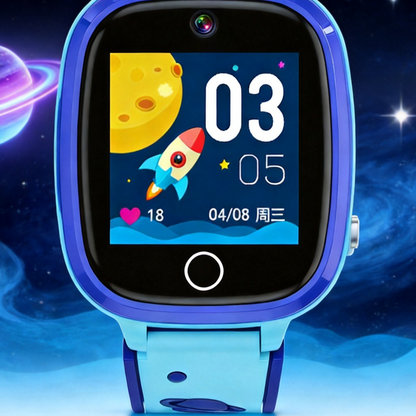 Blue children's smart watch showing a rocket and moon watch face against a purple planet space background