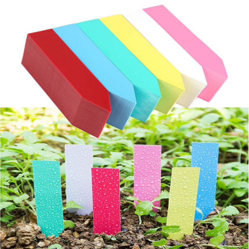 Stacked colored plastic plant label cards above a row of cards standing in garden soil with water beads on their faces