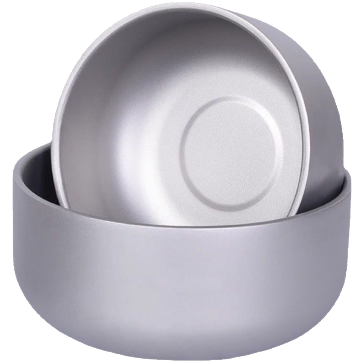 Grey titanium tone frosted double wall stainless steel bowl seen from the side