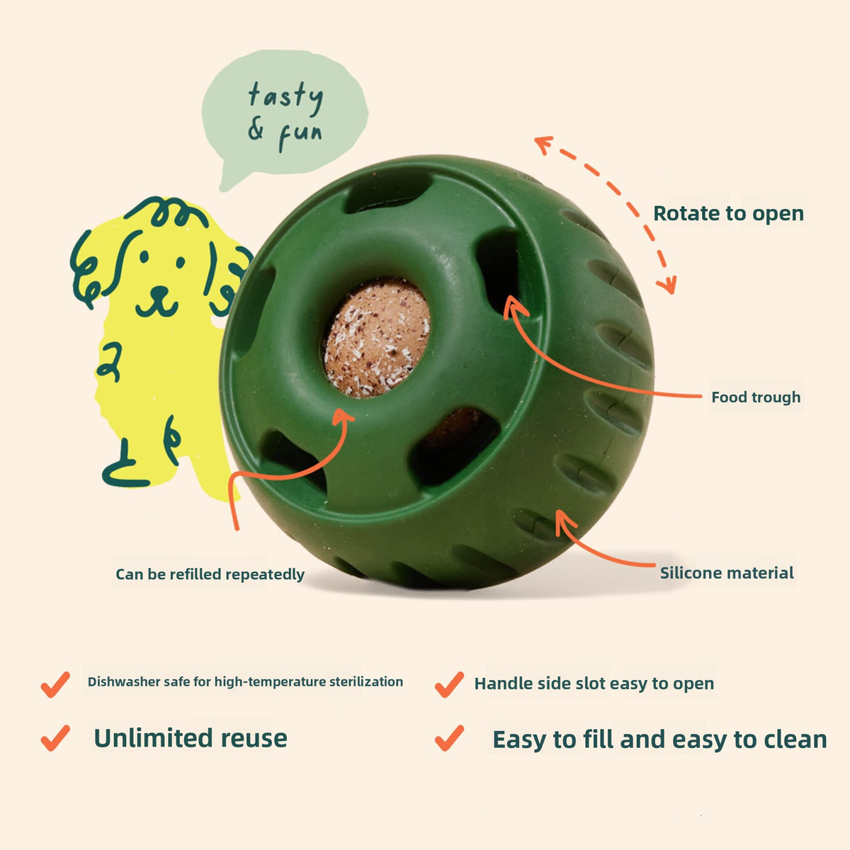 Green silicone slow feeder ball for pets close up